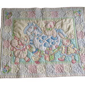 Vintage 80s Mary Engelbreit Baby Quilt Pastel Elephant Rocking Horse Bunny Bear